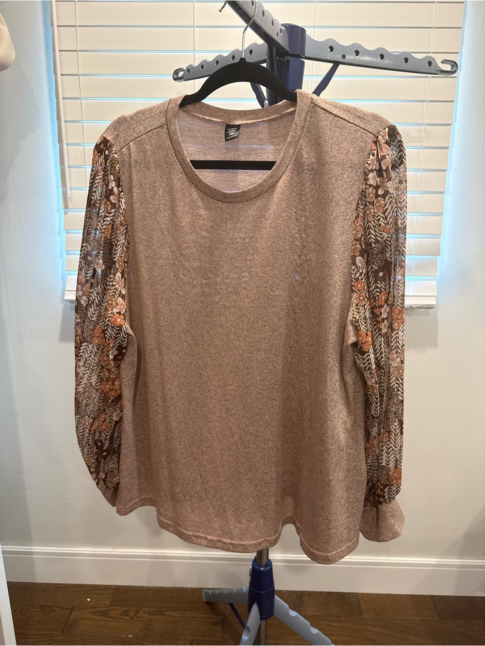 SHEIN Brown Mixed-Media Long Sleeve Top with Floral Sleeve Print